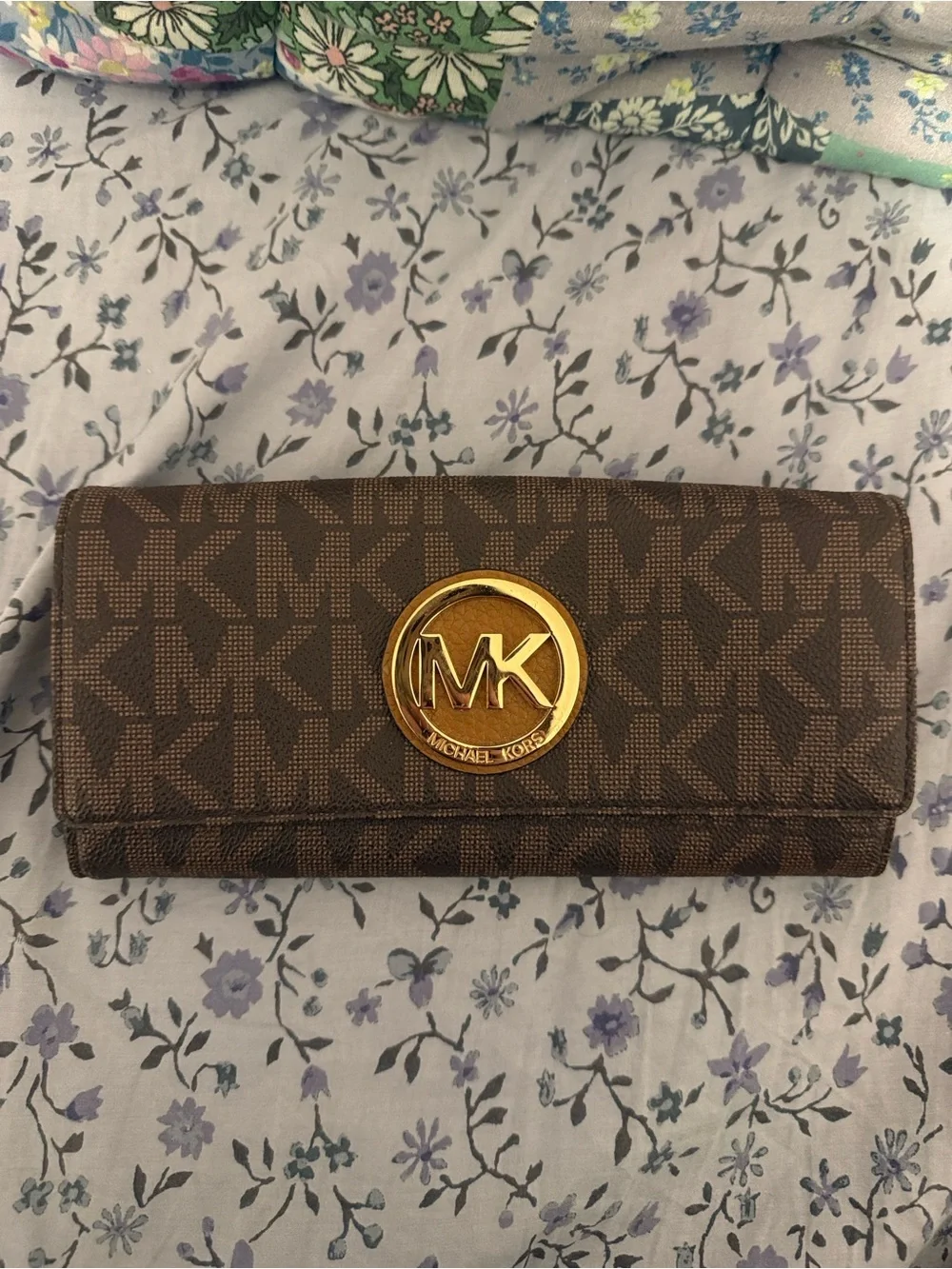 Michael Kors Brown Signature MK Fulton Continental Wallet with Gold Emblem